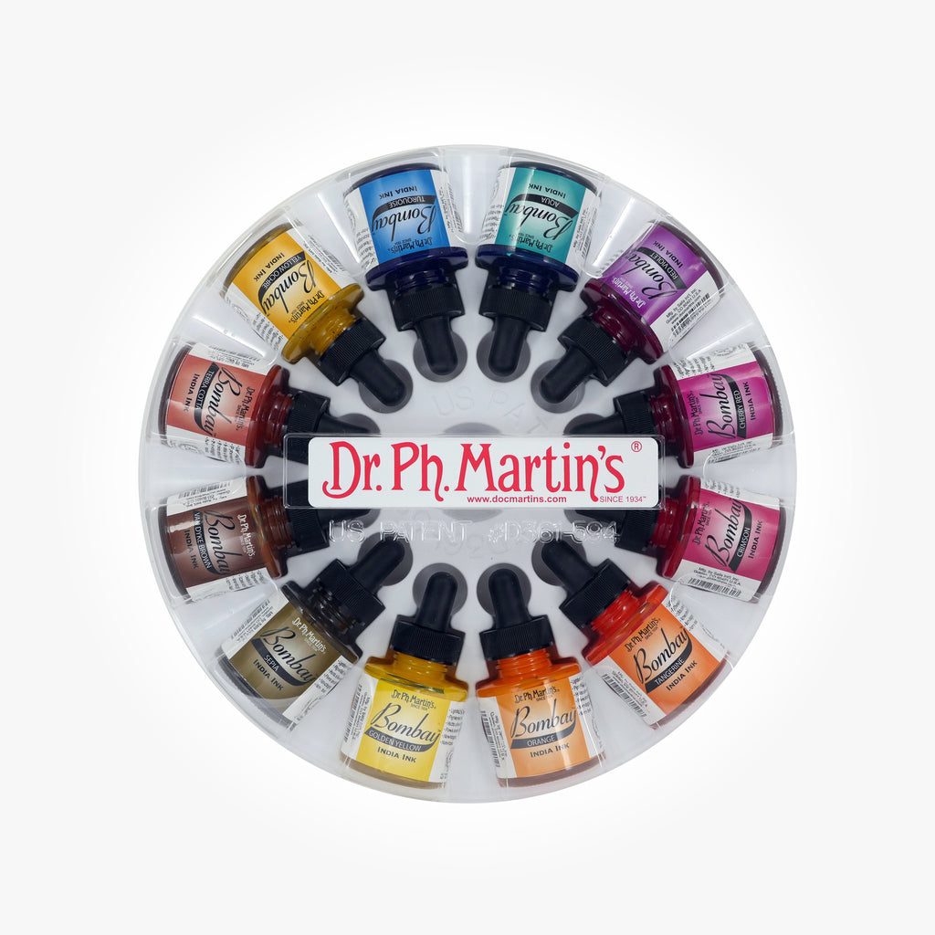 Dr. Ph. Martin's Bombay India Ink (Set 1) Ink Set, 0.5 oz, Set 1 Colors, 1  Set of 12 Bottles 